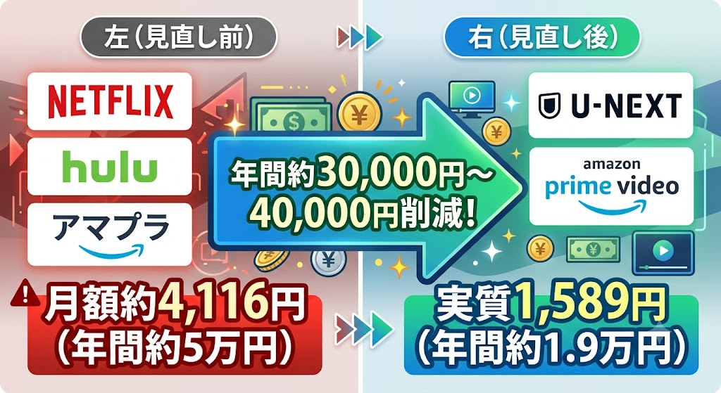 動画サブスク見直し後の対比イラスト