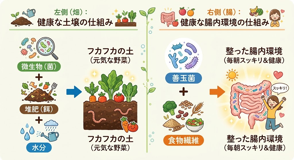 左側(畑): 微生物(菌)+ 堆肥(餌)+ 水分 = フカフカの土(元気な野菜)右側(腸): 善玉菌 + 食物繊維 = 整った腸内環境(毎朝スッキリ&健康)※矢印やアイコンを使った簡単な図解イラスト。