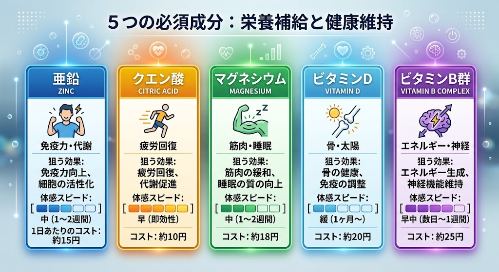 (亜鉛・クエン酸・マグネシウム・ビタミンD・ビタミンB群)がカード型に綺麗に整列したインフォグラフィック画像