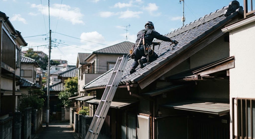 急勾配な日本の屋根に職人がハシゴをかけて慎重に作業している後ろ姿の写真