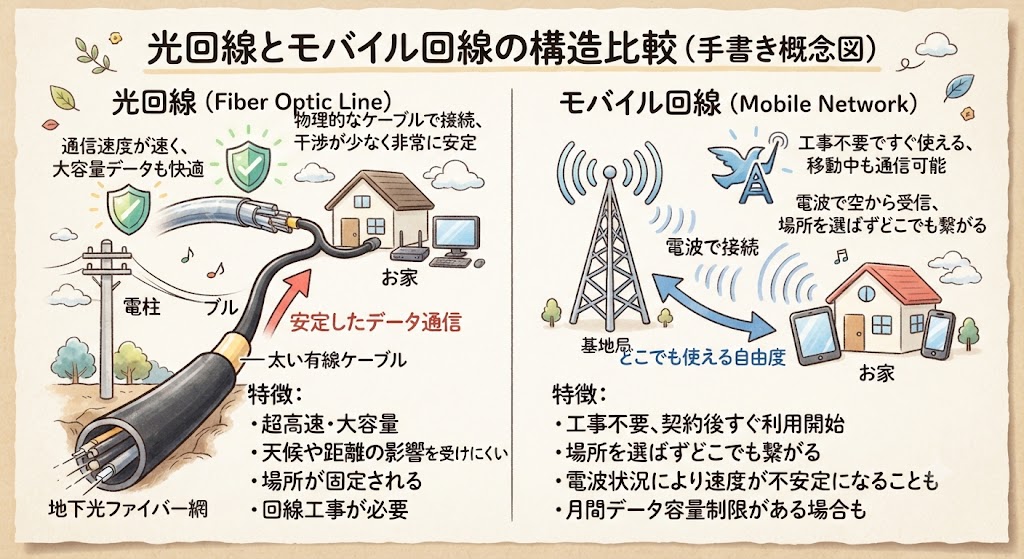 光回線とモバイル回線の概念図