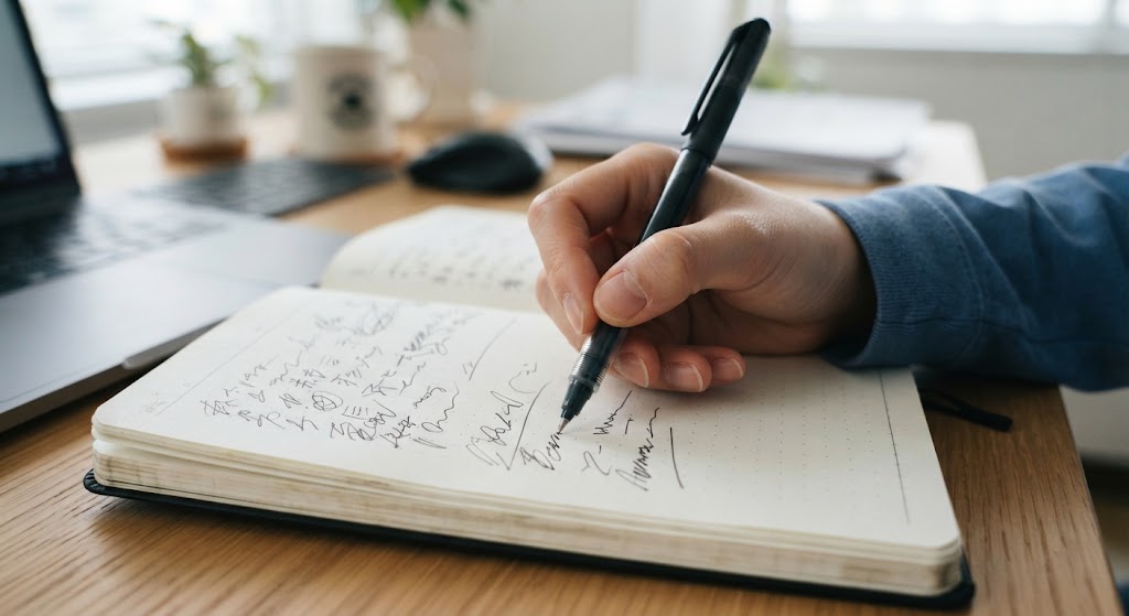 アナログのノートに不安を書き出してデトックスするブレインダンプの手元