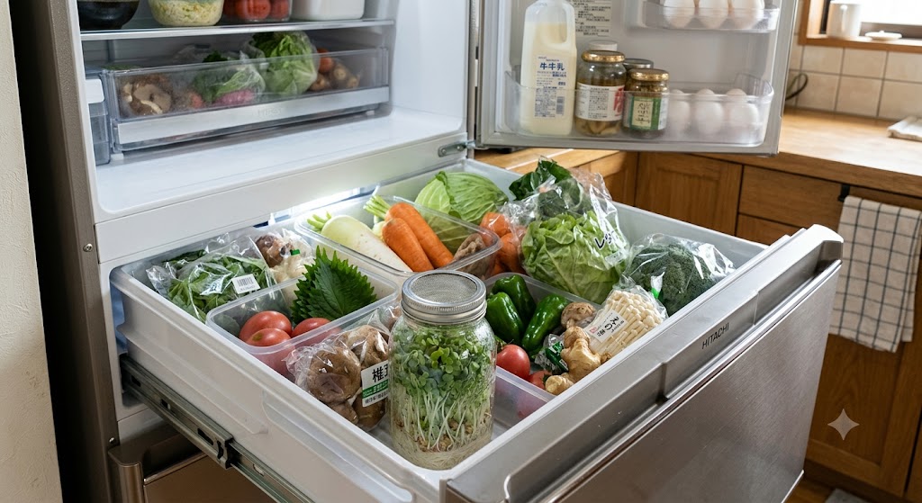 冷蔵庫の「野菜室」を開けた中に、実際に置いて育ているスプラウト栽培容器（ジャーやパック）が入っている様子の写真