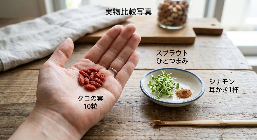 手のひらや小さな豆皿の上に、「実際の量（クコの実10粒、スプラウトひとつまみ、耳かき1杯のシナモン）」を乗せた比較写真。