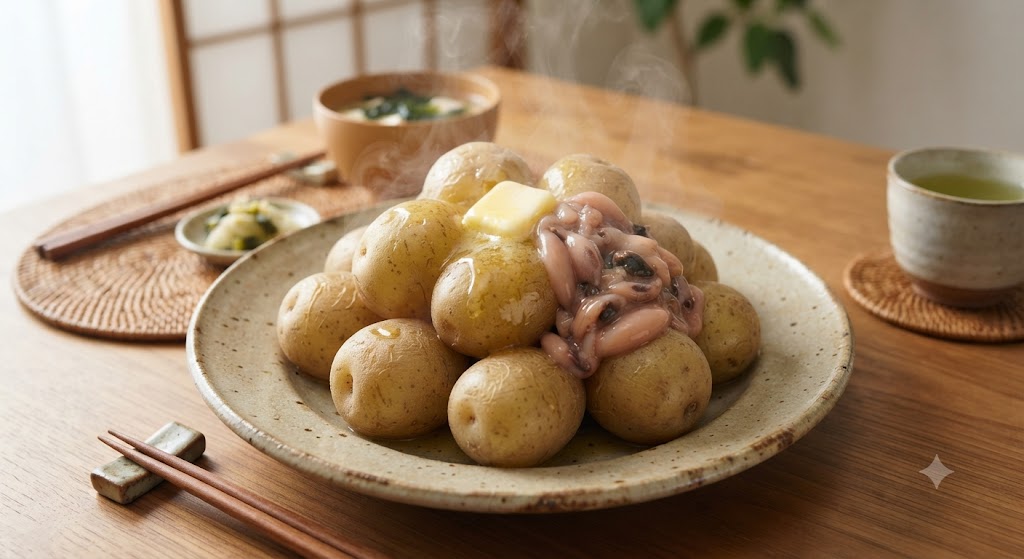 日本の家庭の食卓でお皿に盛られた熱々の小さなふかし芋の上にバターとイカの塩辛が乗っている美味しそうな実写写真