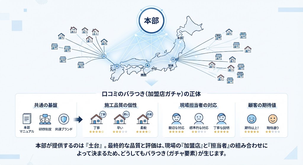 本部と全国の加盟店(工務店)がつながる仕組みを簡易的に示した図解風イメージ
