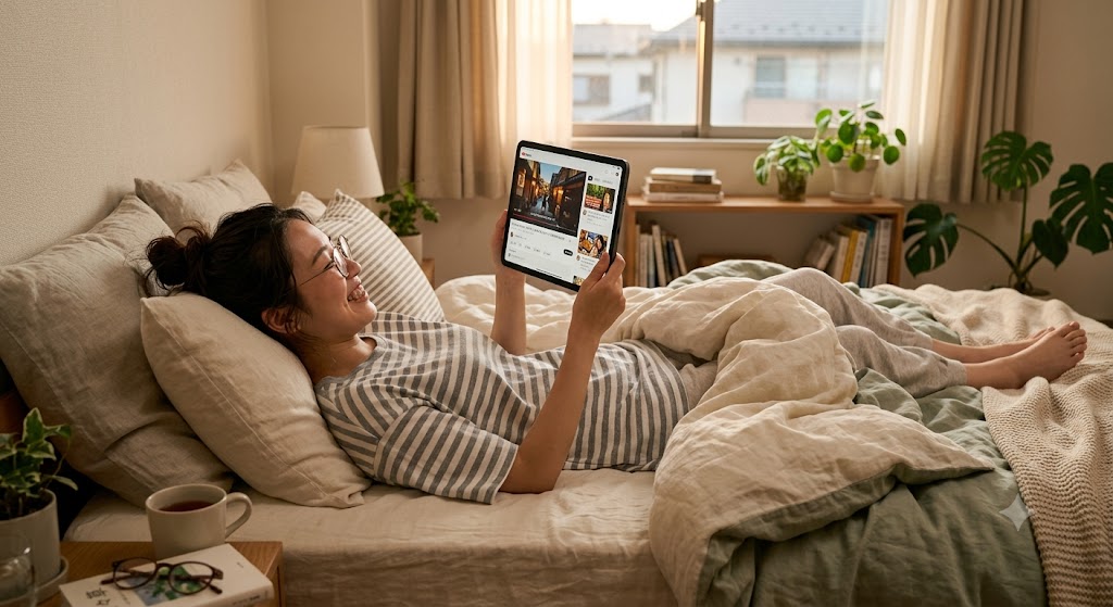 ベッドに転がりながらタブレットで動画を楽しむリラックスした写真