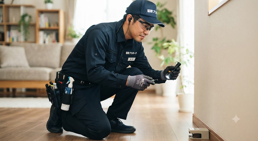しゃがみこんだ駆除業者