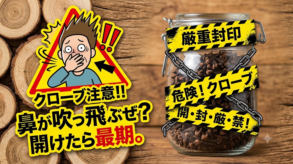 筆者のキッチンで封印されている「クローブの瓶」の写真、「木目・丸太」と「衝撃を受けるイラスト（ユーモラスな警告標識）」のアイキャッチ画像。