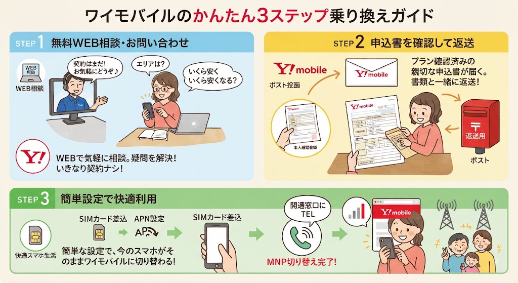 ワイモバイル3ステップ乗り換えガイド