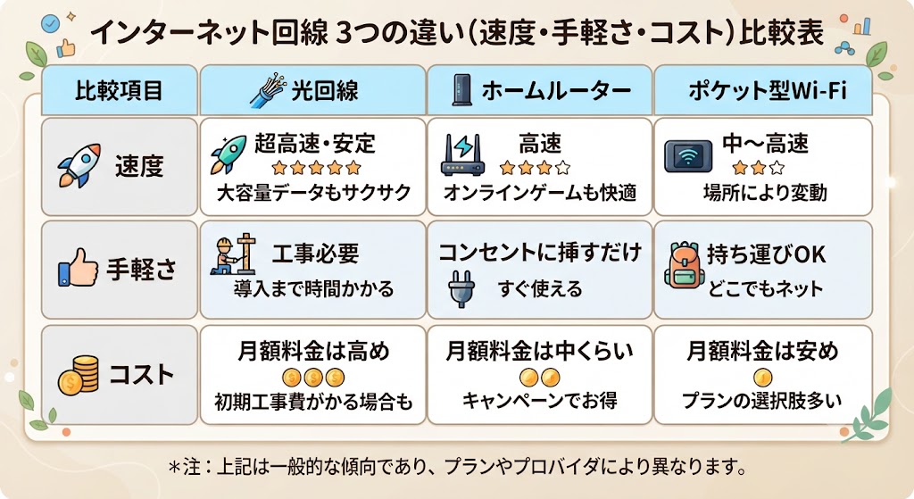 速度・手軽さ・コストの3つの項目比較表