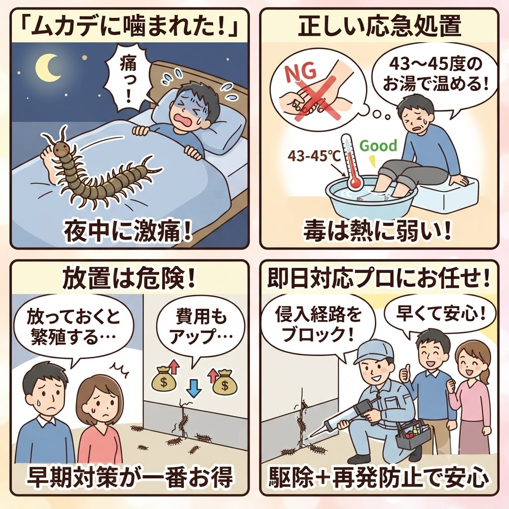 ムカデに噛まれた時の応急処置と害虫駆除のメリットを解説する図解