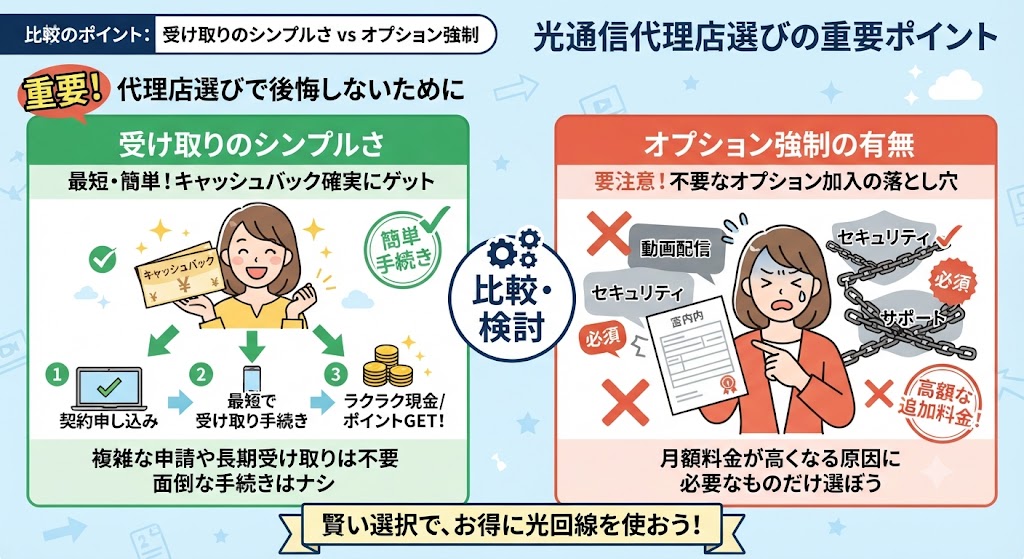 光通信代理店選びにおいて「受け取りのシンプルさ」と「オプション強制の有無」の重要性イメージイラスト