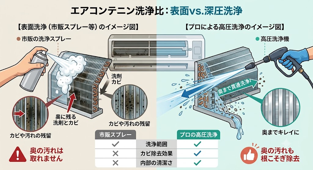 市販スプレー掃除とプロの高圧洗浄の比較図