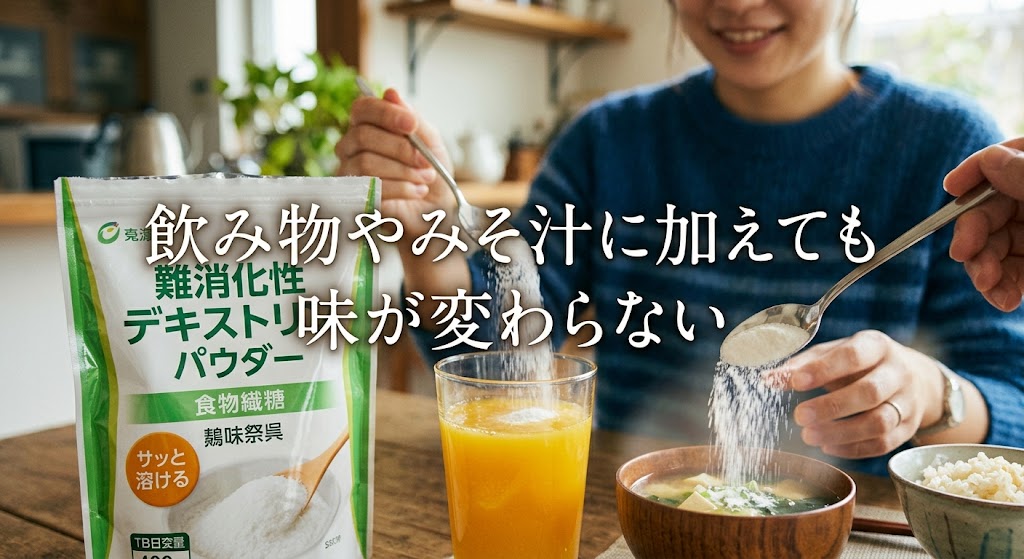 難消化性デキストリン(パウダー)を飲み物にサッと溶かしている