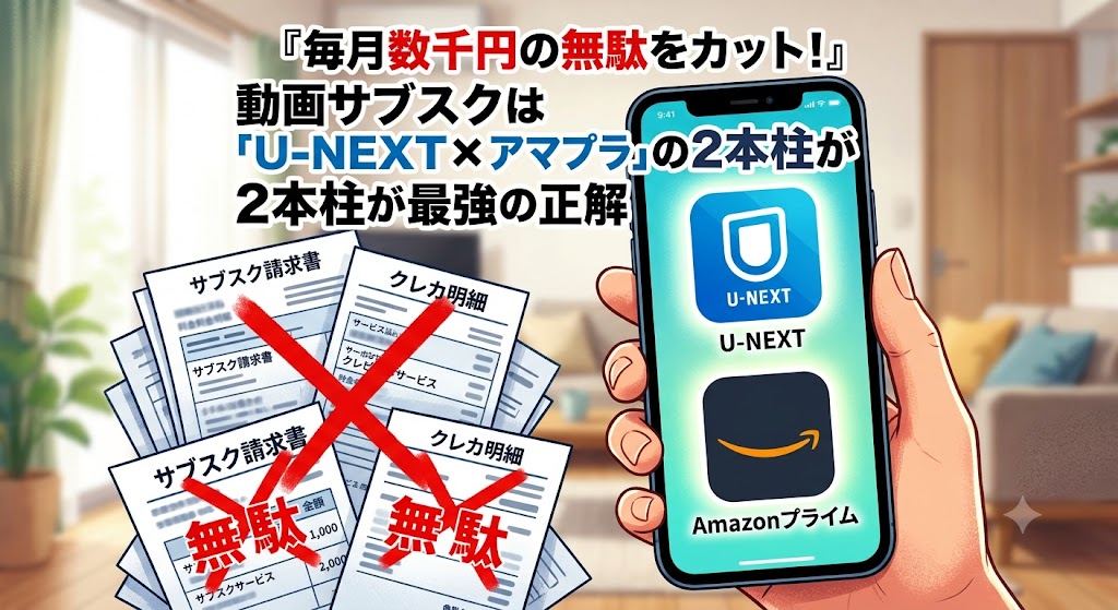 スマホ画面に「Amazonプライム」のアイコンが立ち上がり、後ろに積み重なったサブスクの請求書(クレカ明細)が「バツ印」で消えていくような対比イメージ